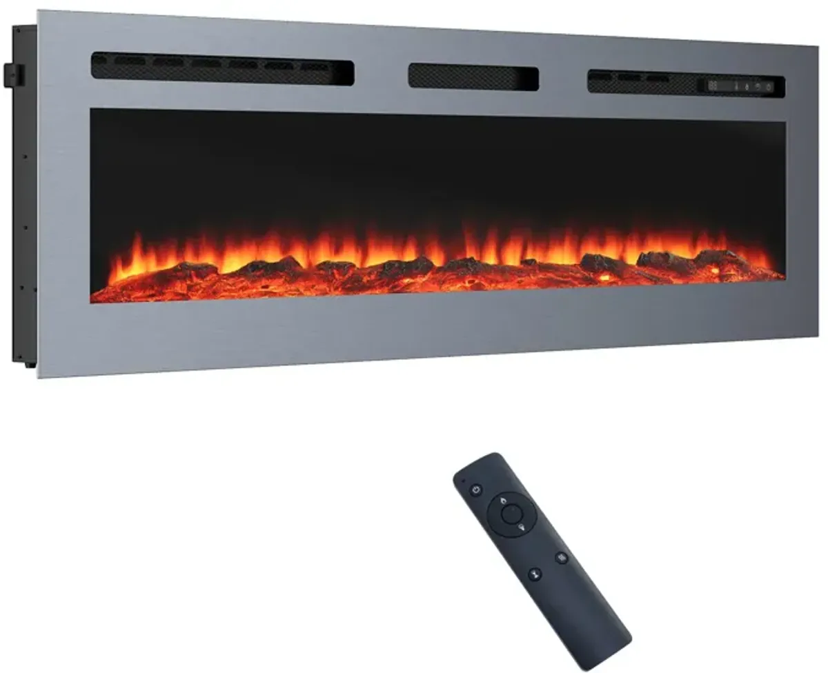 MONDAWE 60 Inch Stainless Steel Recessed Electric Fireplace with Remote Control and Timing Function