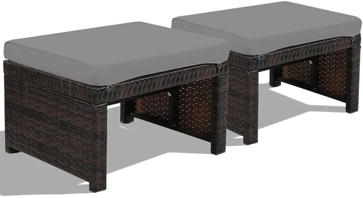 2 Pieces Patio Rattan Ottomans with Soft Cushion for Patio and Garden