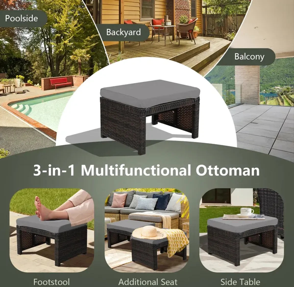 2 Pieces Patio Rattan Ottomans with Soft Cushion for Patio and Garden