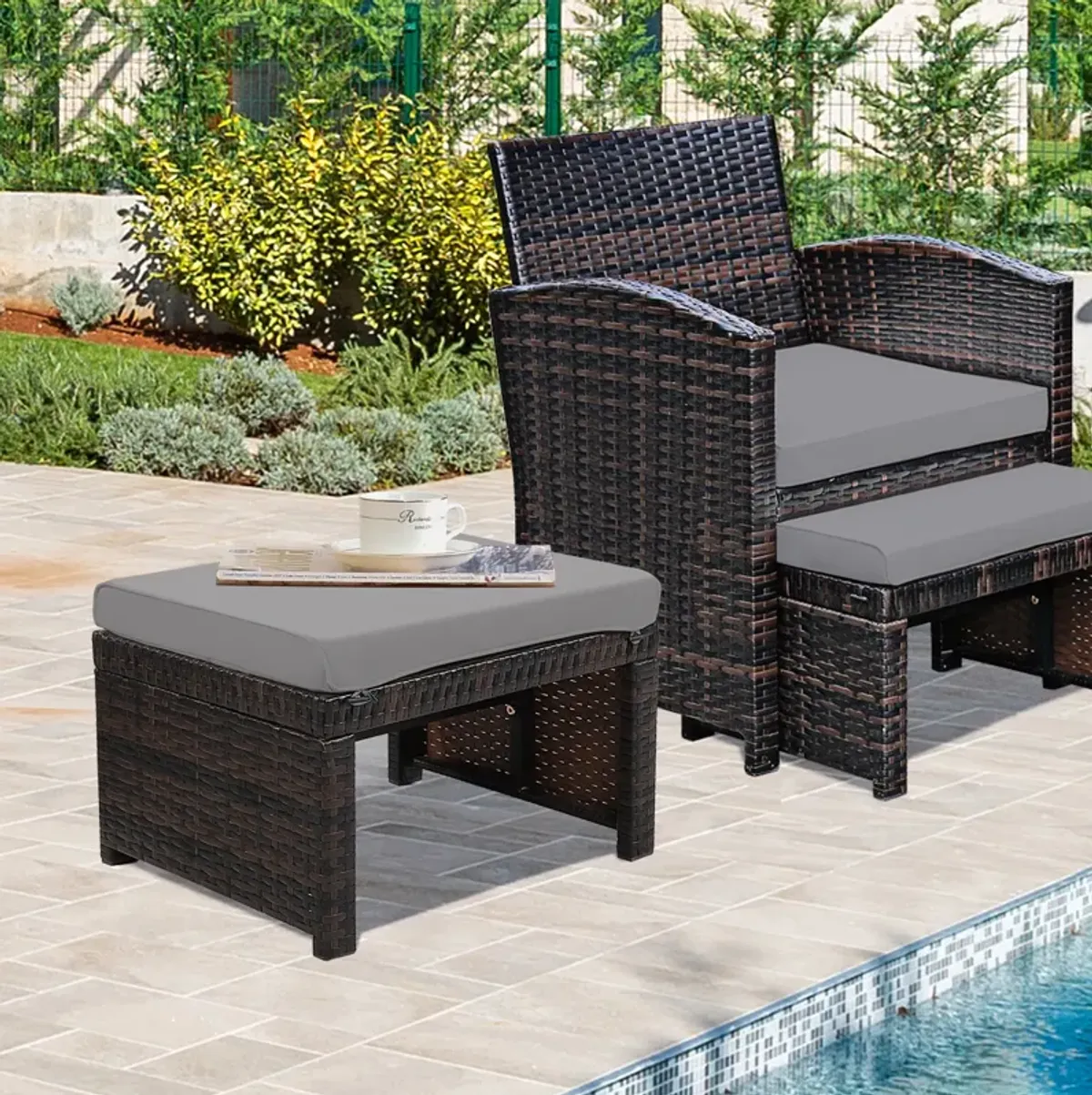 2 Pieces Patio Rattan Ottomans with Soft Cushion for Patio and Garden