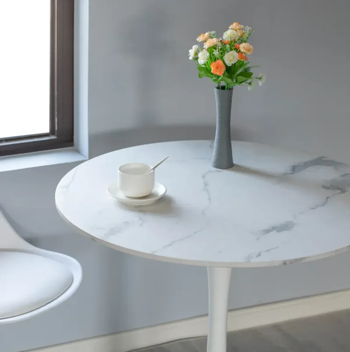 31.5" White Round Tulip Table with Modern Marble Painting Top and Sturdy Wooden Pedestal Stand, MDF Accent Dining Table