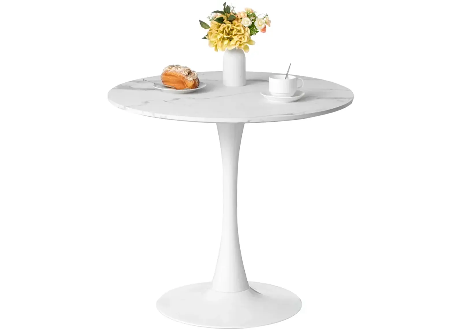 31.5" White Round Tulip Table with Modern Marble Painting Top and Sturdy Wooden Pedestal Stand, MDF Accent Dining Table