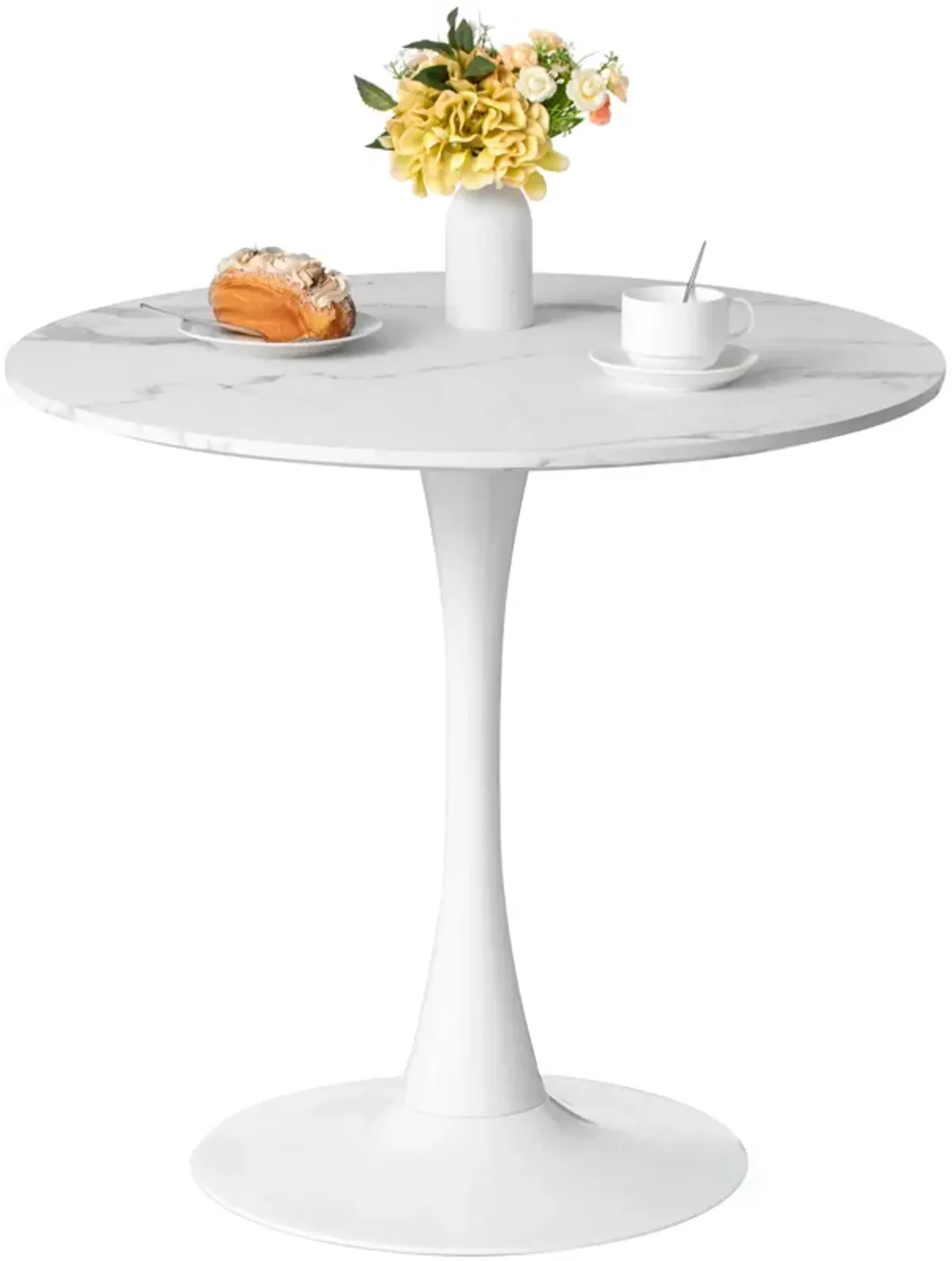 31.5" White Round Tulip Table with Modern Marble Painting Top and Sturdy Wooden Pedestal Stand, MDF Accent Dining Table