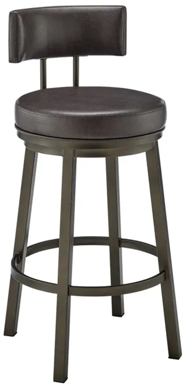 Eleanor 30 Inch Swivel Bar Stool Chair, Round Mocha Brown Faux Leather Seat - Benzara