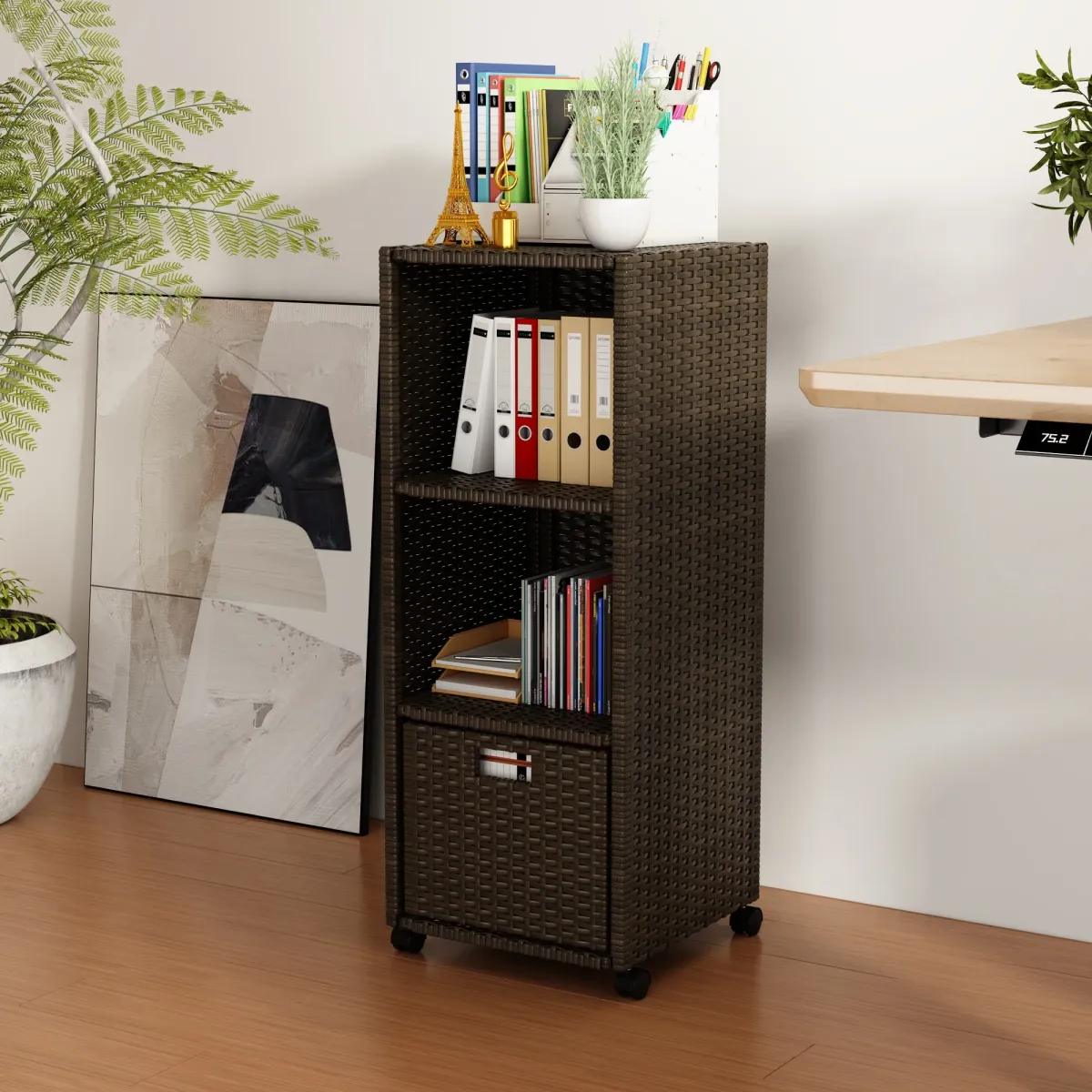 FUFU&GAGA 3-Tier Rattan Rolling Storage Bookcase with Drawer (39.4"H x 15.7"W x 15.7"D), Brown