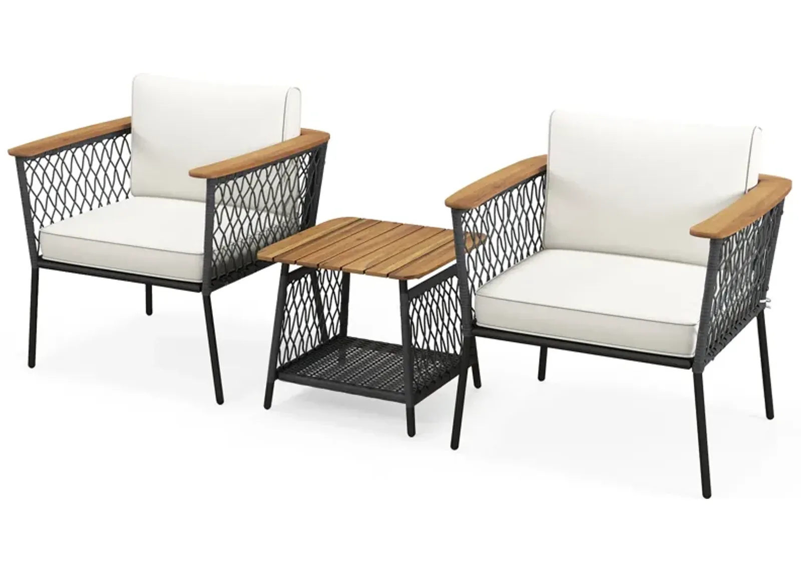 3 Piece Patio Furniture Set Rattan Chair Set with 2-Tier Coffee Table-White