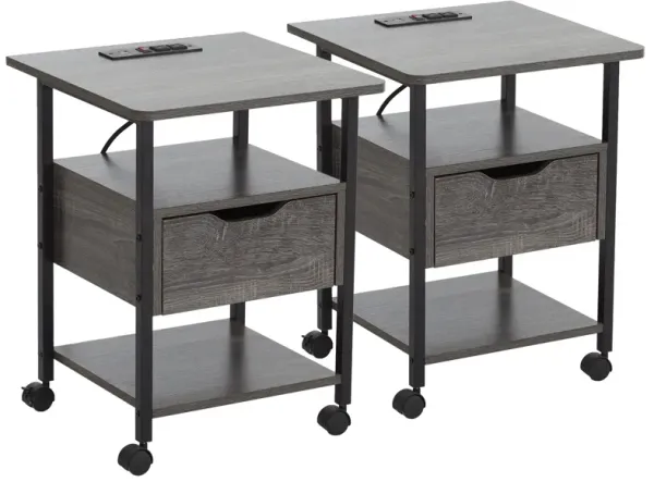Set of 2 Mobile Side Tables – Nightstands with Wheels, USB Ports & Power Outlets