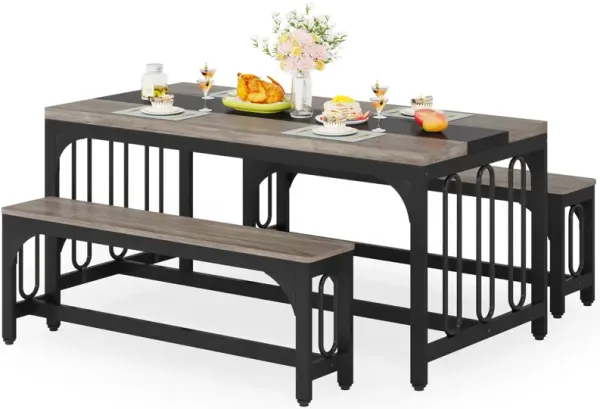 3-Piece Dining Table Set for 4-6 People, Kitchen Table with 2 Benches, Rectangular Dining Room Table Set for Small Space, Apartment, Ladder Racks, Storage and Organization