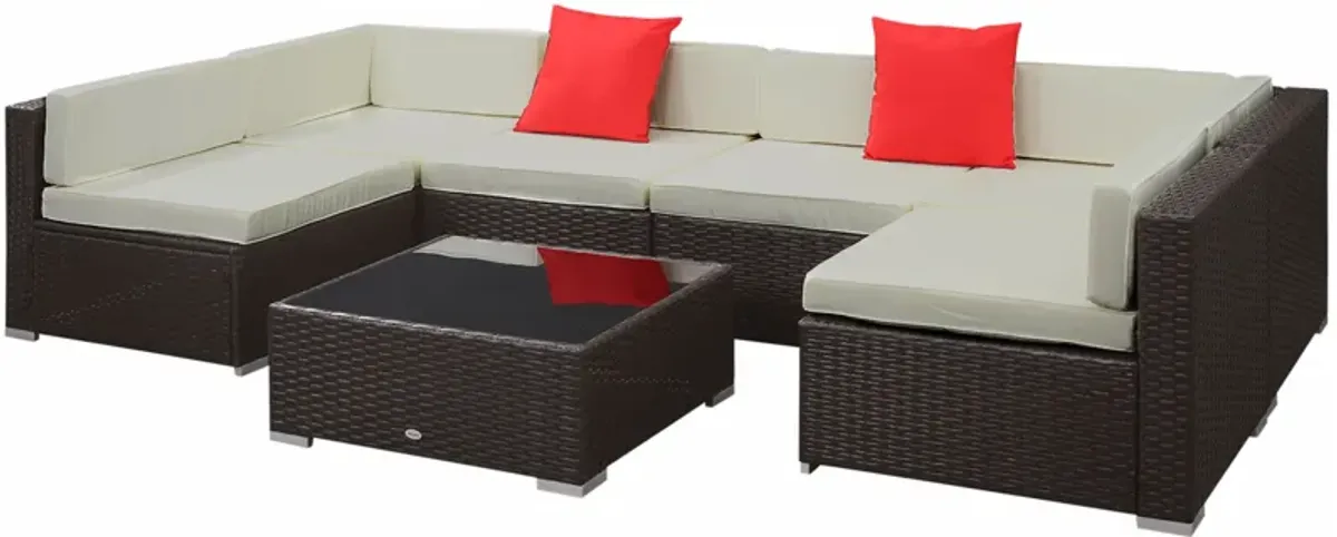 Outsunny 7 Piece Outdoor Patio Furniture Set with Cushions, All Weather PE Rattan Outdoor Sectional Patio Furniture Set,, Wicker Conversation Sets with Glass Top Coffee Table, Beige