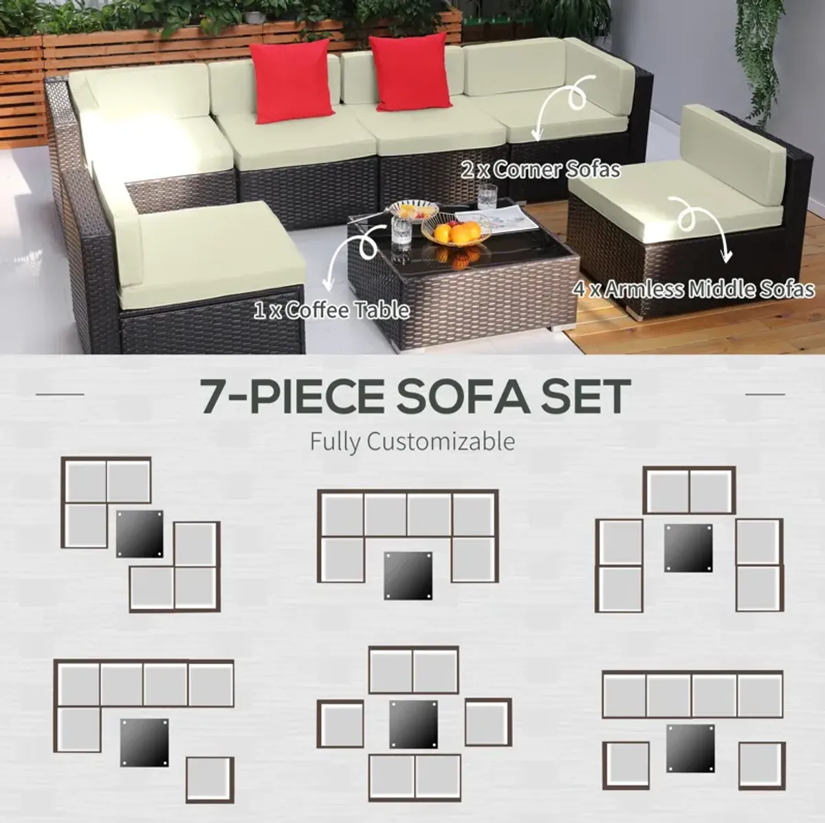 Outsunny 7 Piece Outdoor Patio Furniture Set with Cushions, All Weather PE Rattan Outdoor Sectional Patio Furniture Set,, Wicker Conversation Sets with Glass Top Coffee Table, Beige