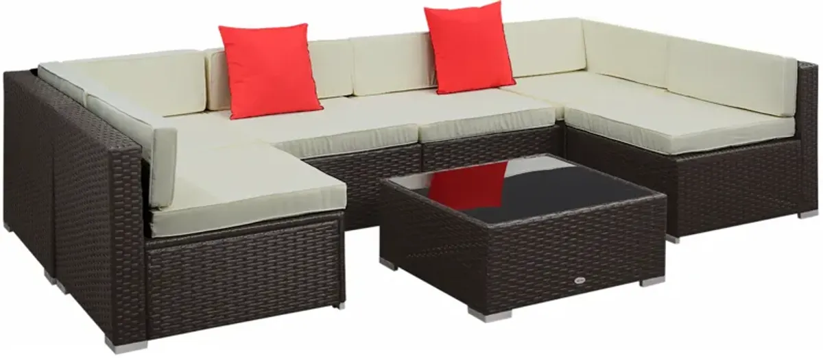 Outsunny 7 Piece Outdoor Patio Furniture Set with Cushions, All Weather PE Rattan Outdoor Sectional Patio Furniture Set,, Wicker Conversation Sets with Glass Top Coffee Table, Beige