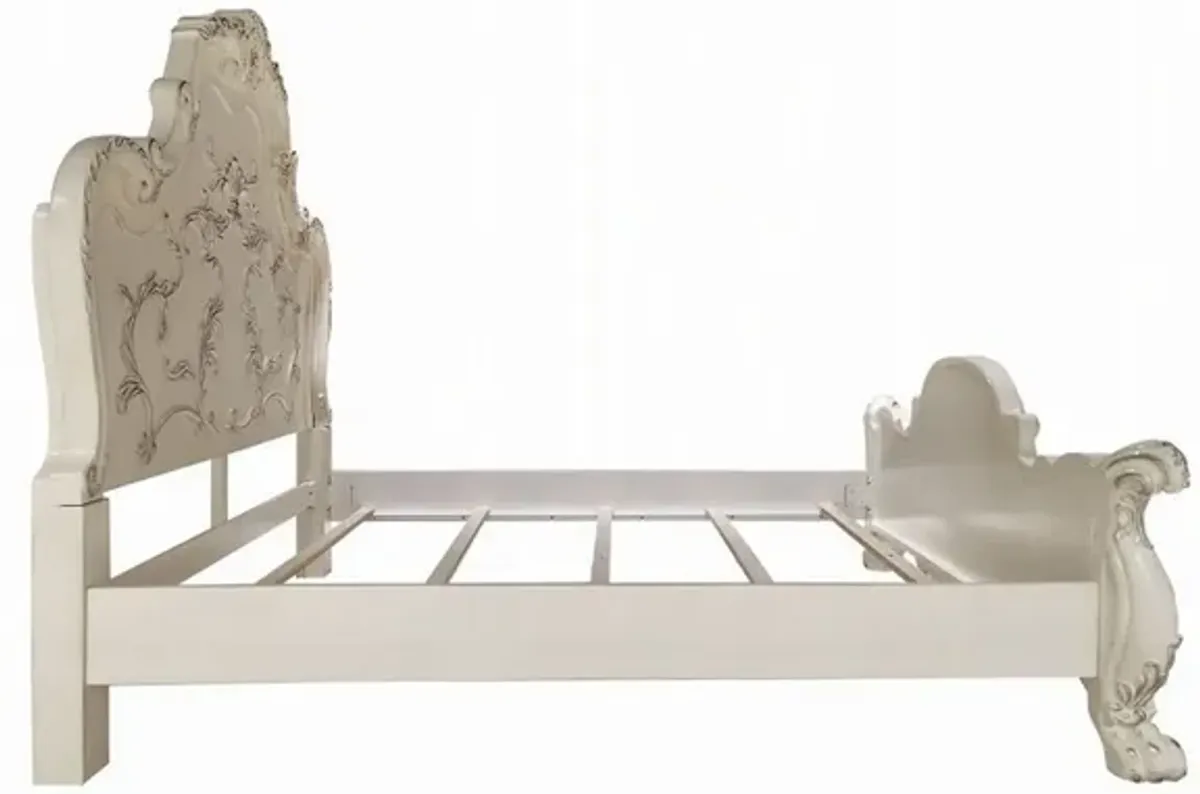 Ally California King Bed, Decorative Carved Inlay, Bone White Wood - Benzara