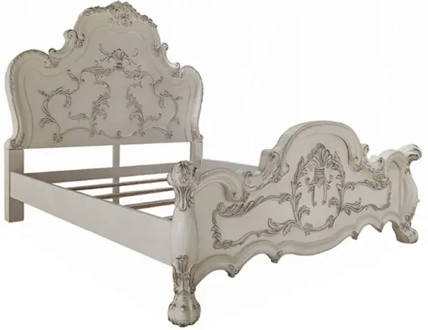 Ally California King Bed, Decorative Carved Inlay, Bone White Wood - Benzara