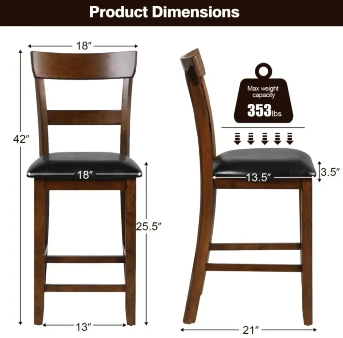 Hivvago 2 Pieces Counter Height Chair Set with Leather Seat and Rubber Wood Legs