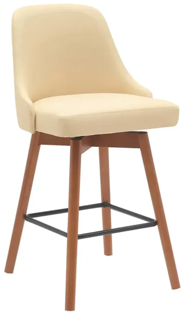 Sean 26 Inch Counter Stool Chair, Swivel, Parson, Cream Faux Leather, Brown - Benzara