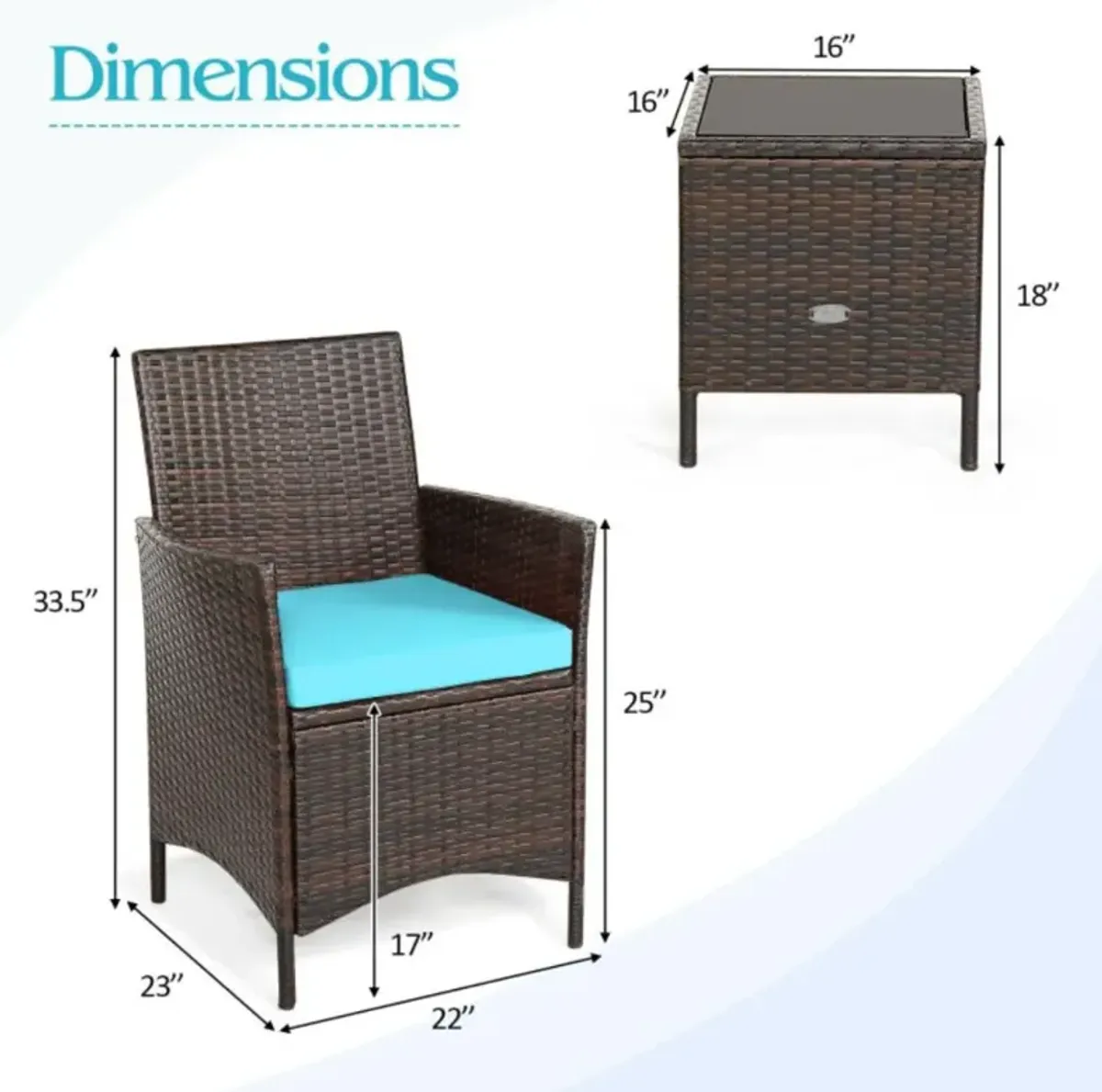 Hivvago 3 Pieces Patio Cushioned Rattan Converstaion Set With Glass Table Top