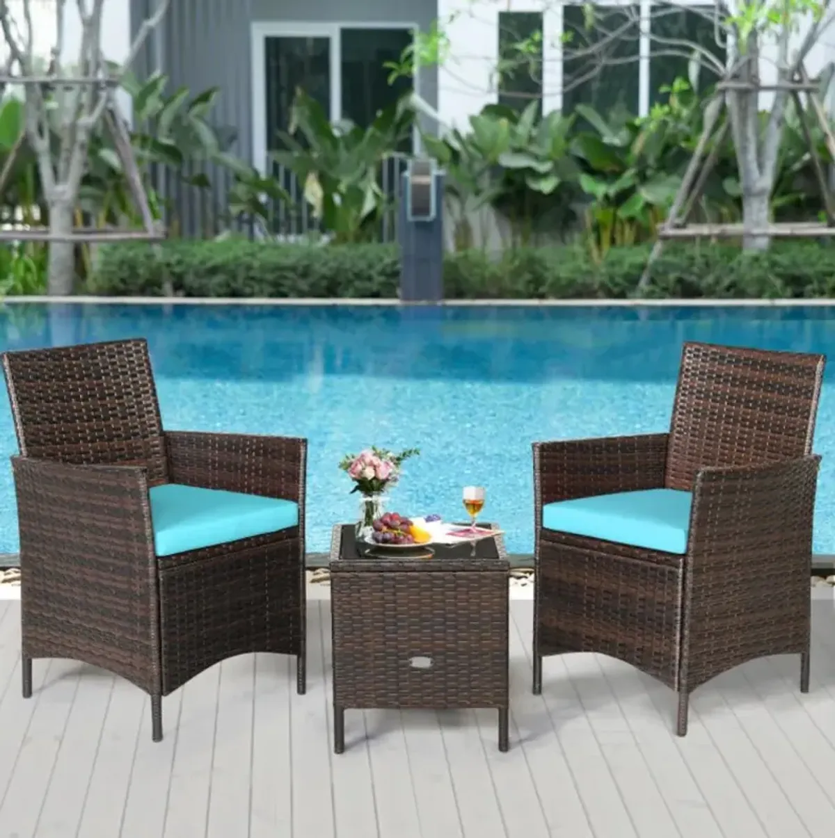 Hivvago 3 Pieces Patio Cushioned Rattan Converstaion Set With Glass Table Top