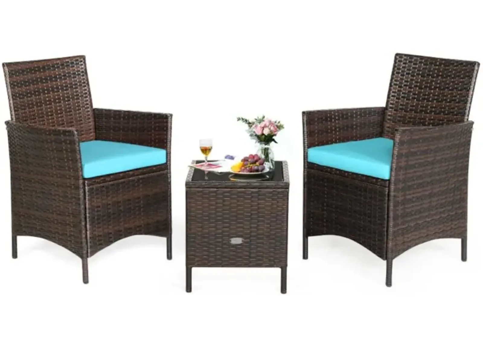 Hivvago 3 Pieces Patio Cushioned Rattan Converstaion Set With Glass Table Top