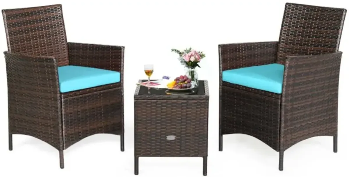 Hivvago 3 Pieces Patio Cushioned Rattan Converstaion Set With Glass Table Top