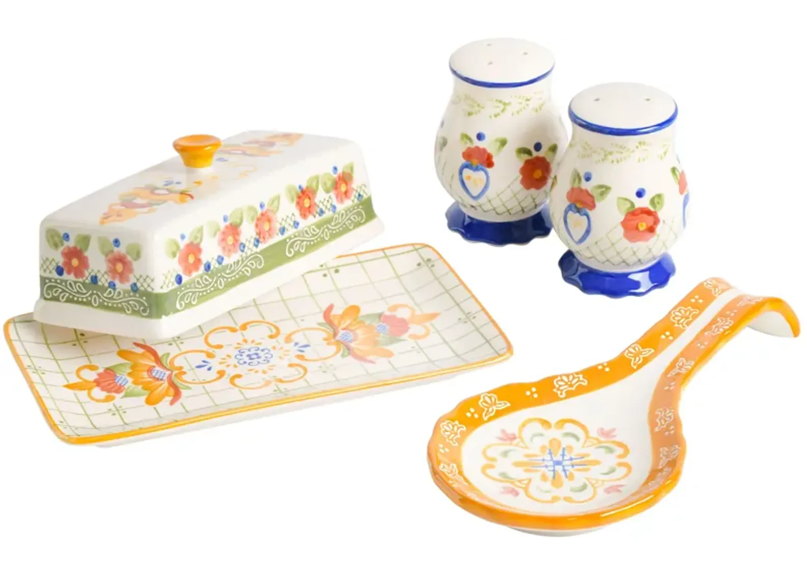 Laurie Gates Tierra 4 Piece Hand Painted Ceramic Tableware Accessory Set