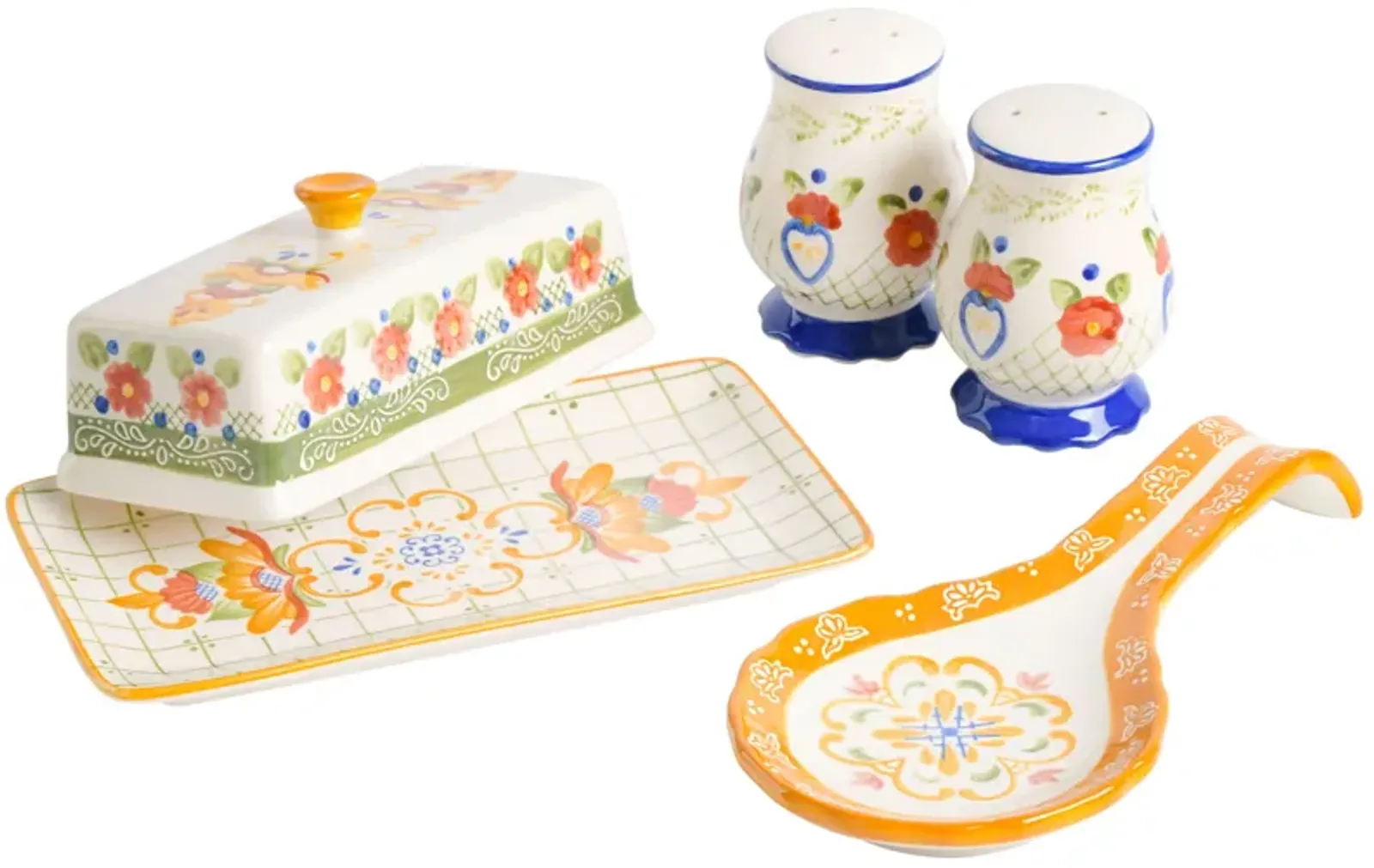 Laurie Gates Tierra 4 Piece Hand Painted Ceramic Tableware Accessory Set