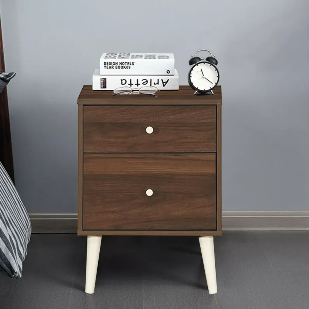 2-Drawer Nightstand Beside End Side Table with Rubber Legs