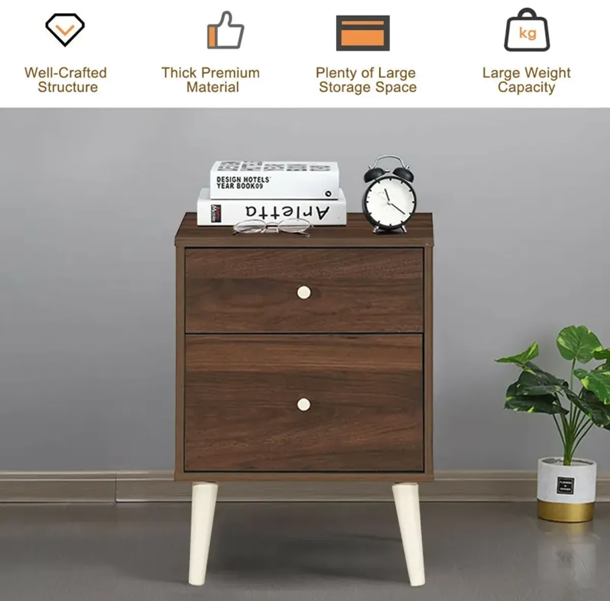 2-Drawer Nightstand Beside End Side Table with Rubber Legs