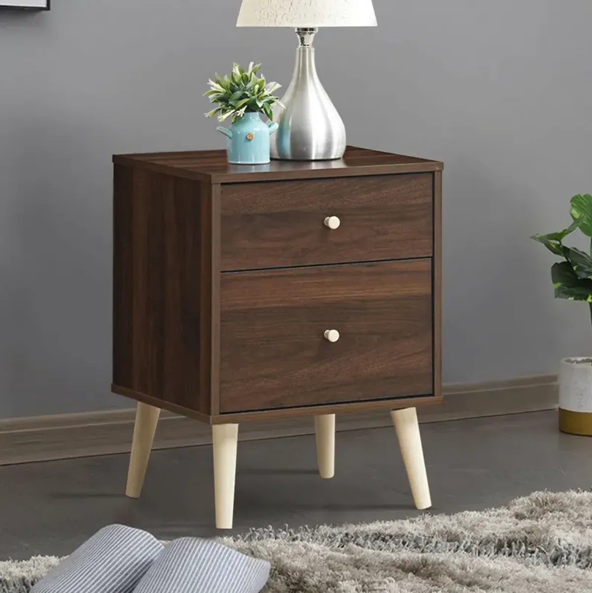 2-Drawer Nightstand Beside End Side Table with Rubber Legs