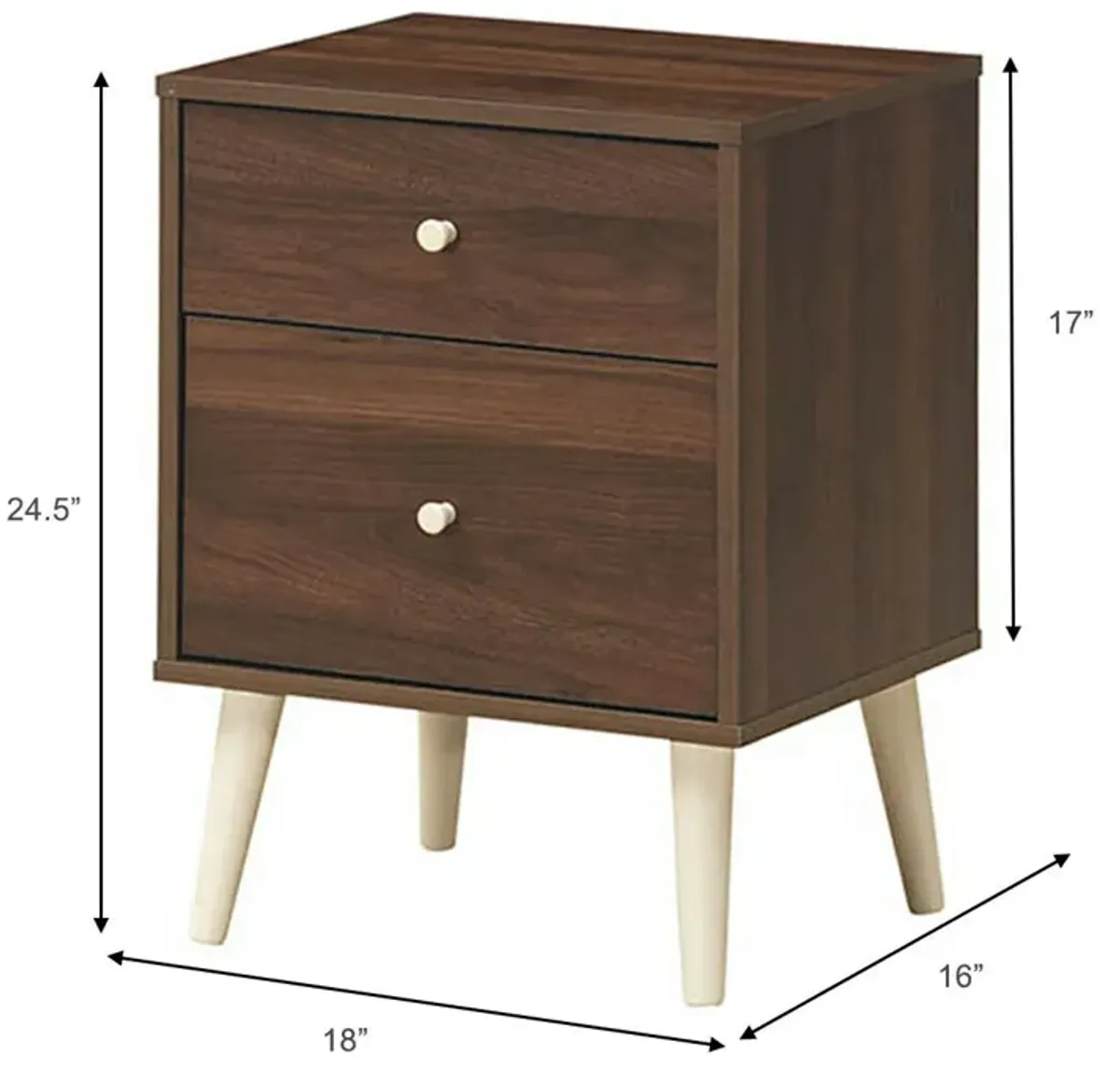 2-Drawer Nightstand Beside End Side Table with Rubber Legs