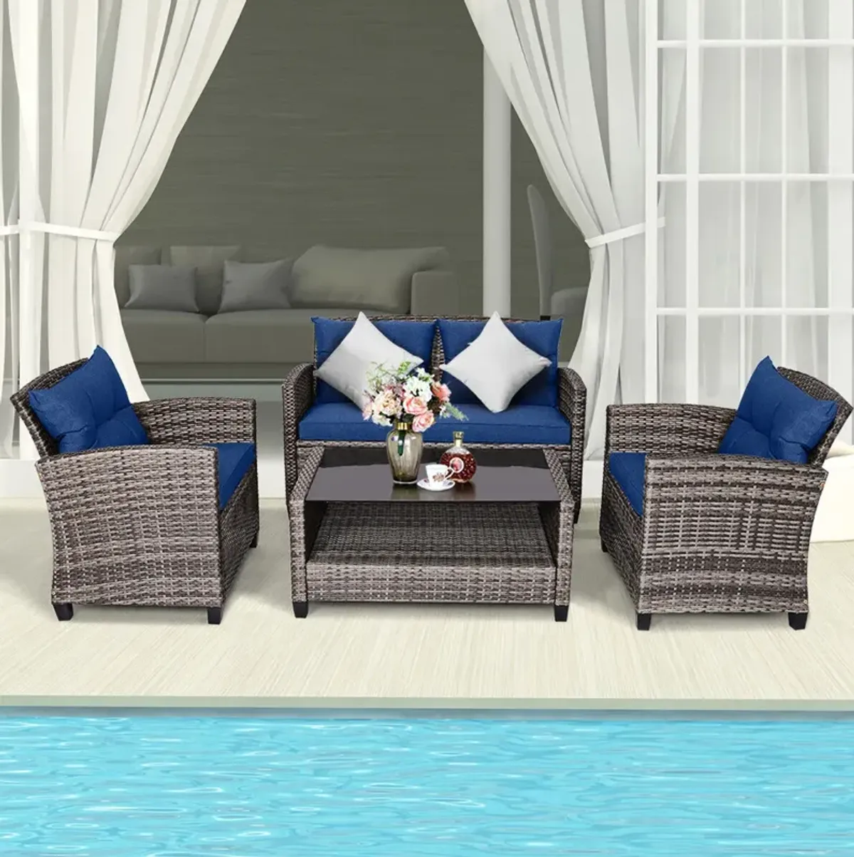 4 Pieces Patio Rattan Furniture Set Coffee Table Cushioned Sofa