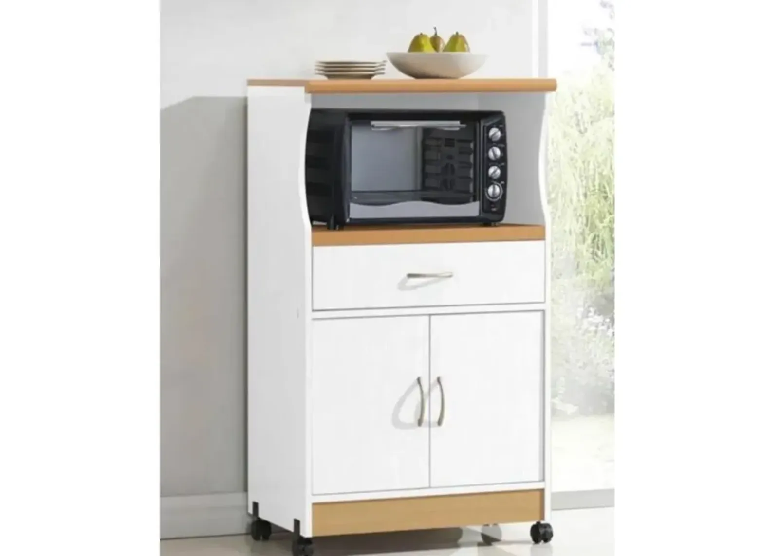 White Kitchen Utility Cabinet Microwave Cart with Caster Wheels