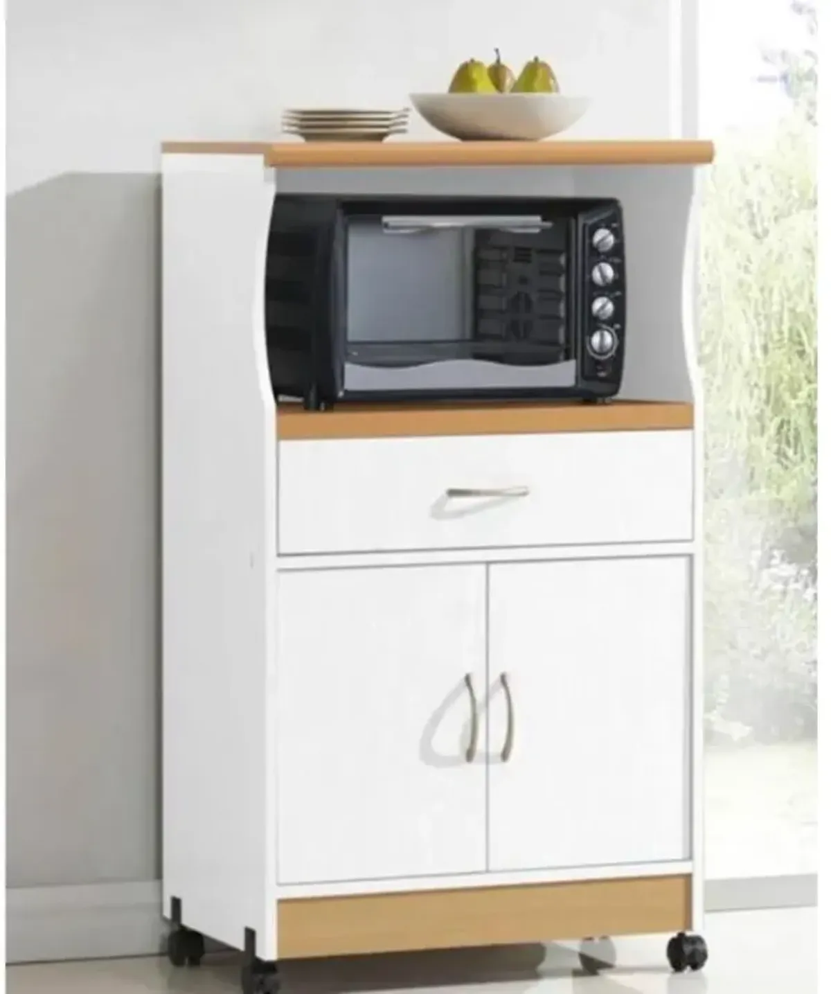 White Kitchen Utility Cabinet Microwave Cart with Caster Wheels