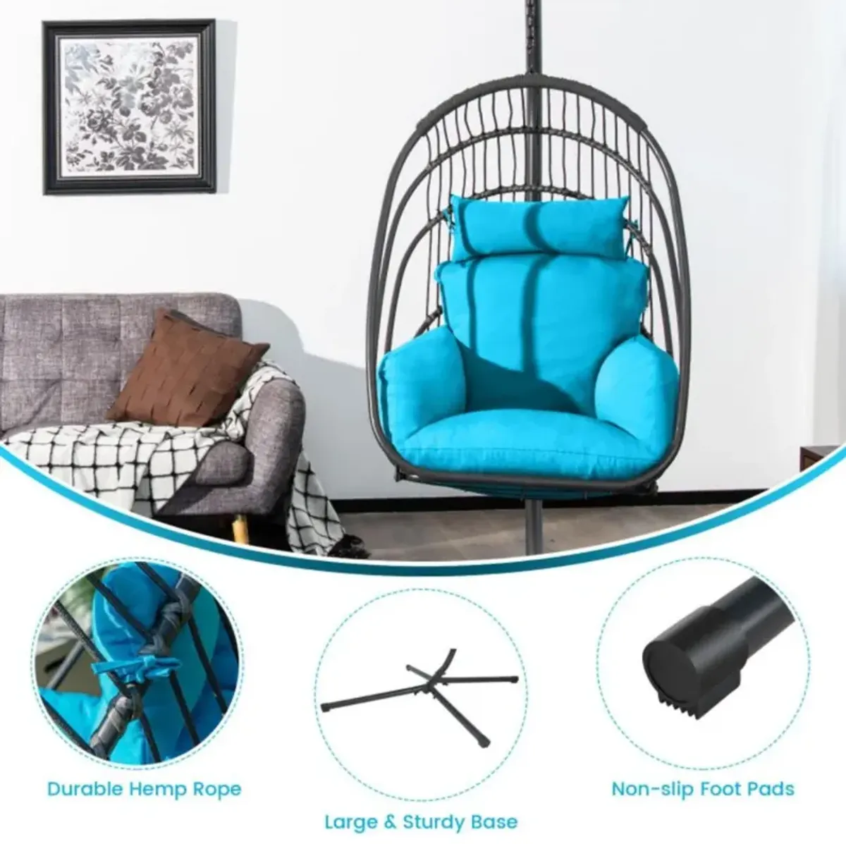 Hivvago Hanging Folding Egg Chair with Stand Soft Cushion Pillow Swing Hammock