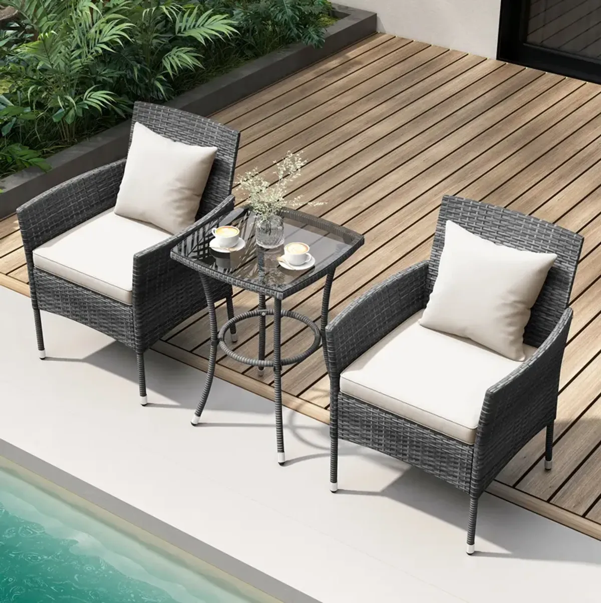 3 Pieces Patio Furniture Set with Cushioned Patio Chairs and Tempered Glass Coffee Table