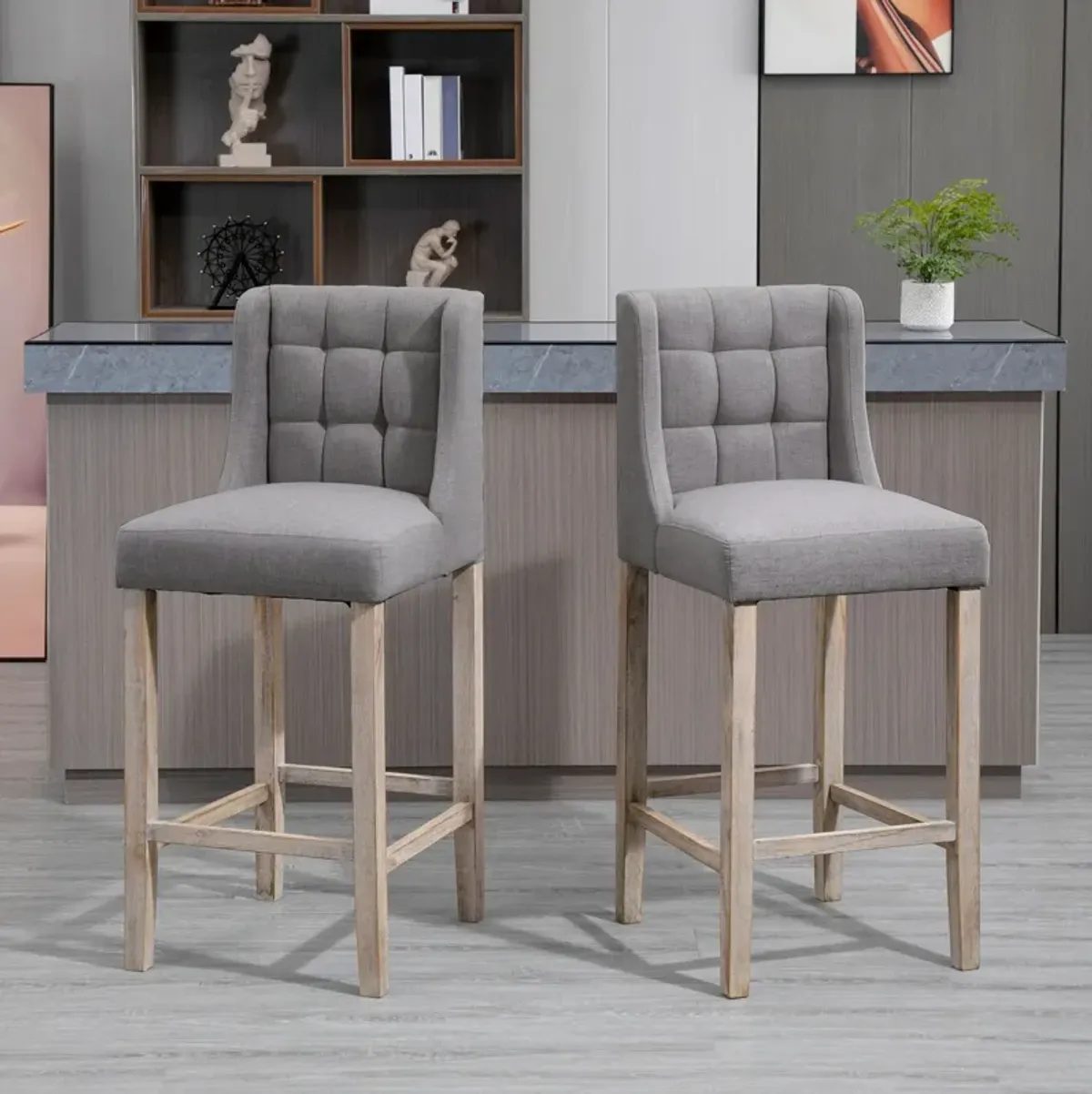 Gray Counter Seating: Set of 2 Stools with Backs and Wooden Legs