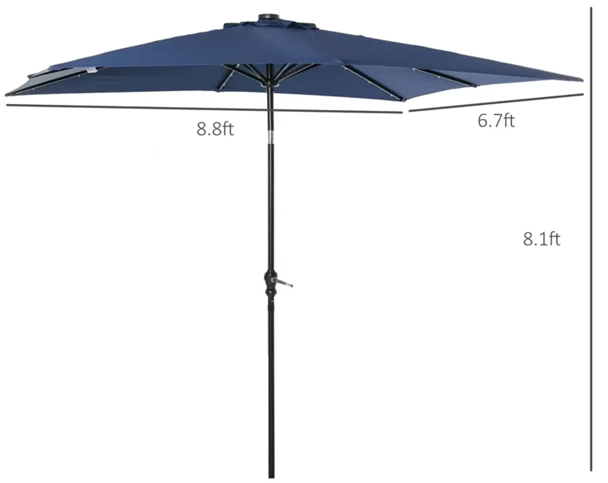 Blue Patio Shade: 9x7 ft Umbrella with Solar LED Lights