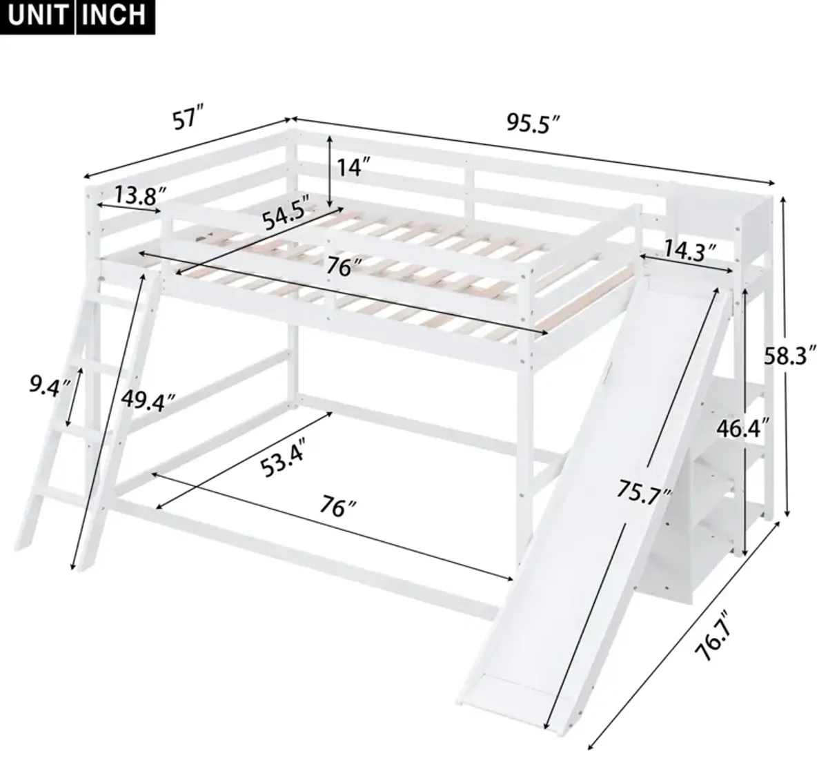 Full Over Full Bunk Bed With Ladder, Slide And Shelves