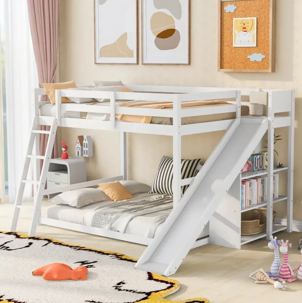 Full Over Full Bunk Bed With Ladder, Slide And Shelves