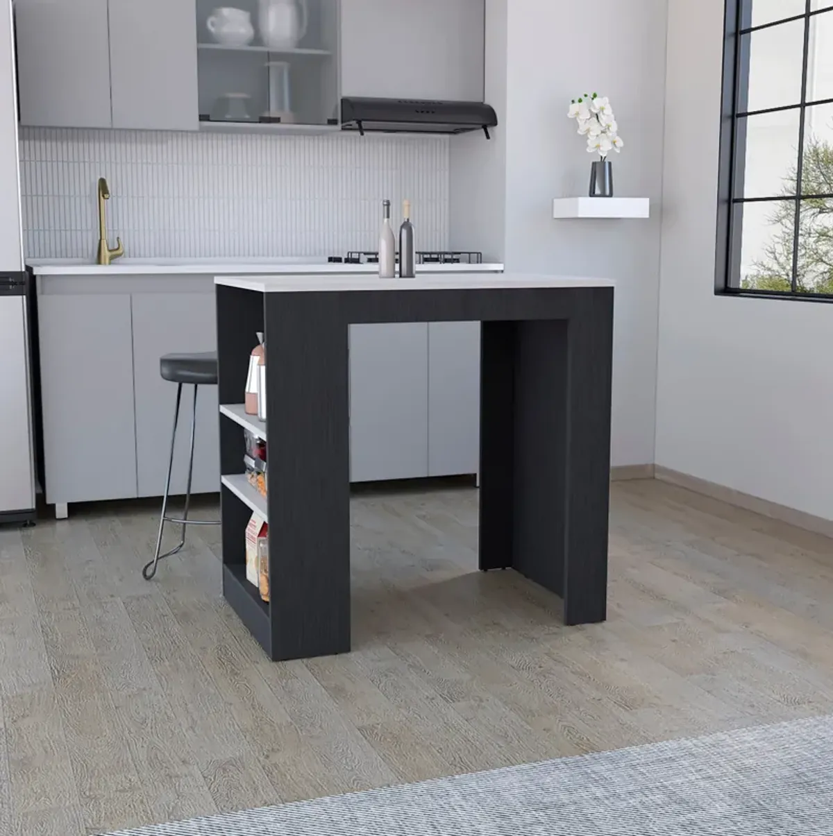 Portree Kitchen & Dining room Island with 3-Side Shelves -Black / Ibiza Marble