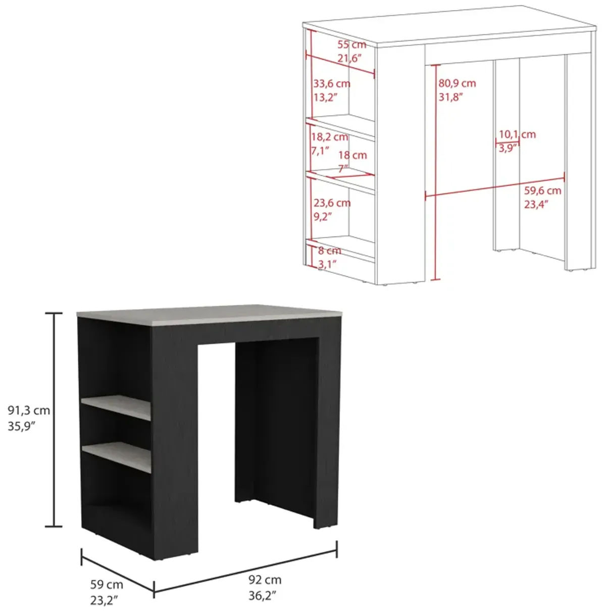 Portree Kitchen & Dining room Island with 3-Side Shelves -Black / Ibiza Marble