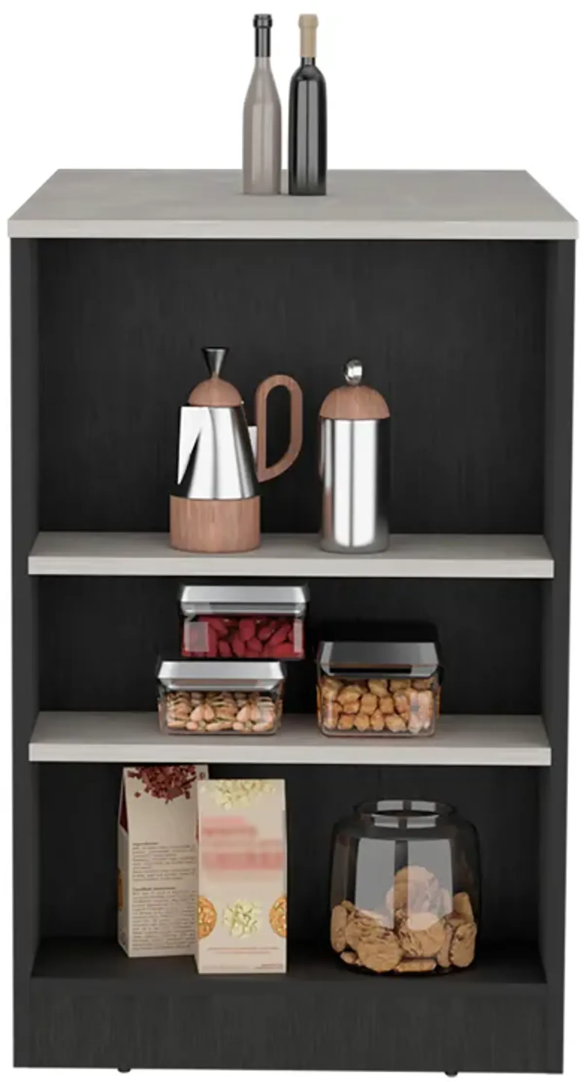 Portree Kitchen & Dining room Island with 3-Side Shelves -Black / Ibiza Marble