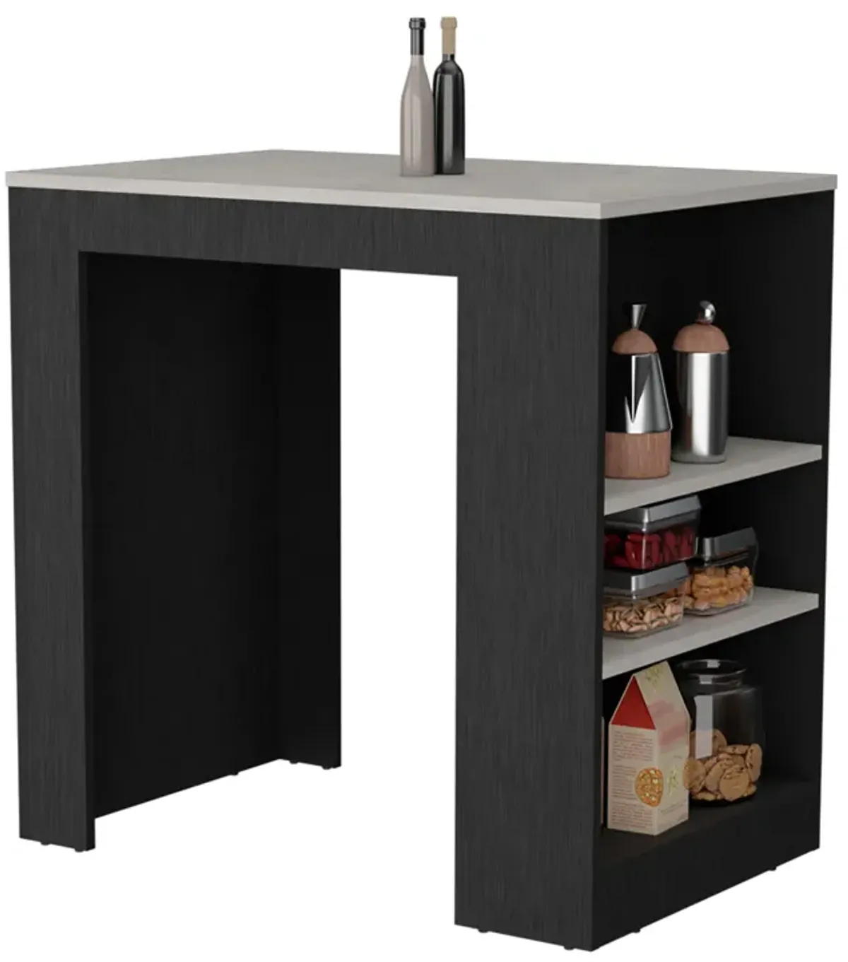 Portree Kitchen & Dining room Island with 3-Side Shelves -Black / Ibiza Marble