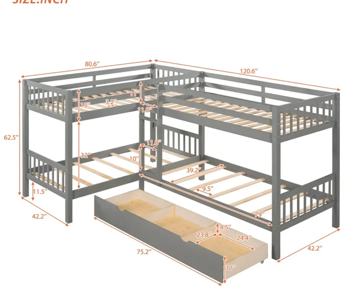 Twin L-Shaped Bunk Bed With Drawers