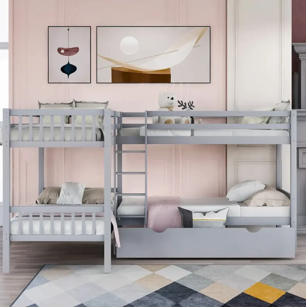 Twin L-Shaped Bunk Bed With Drawers