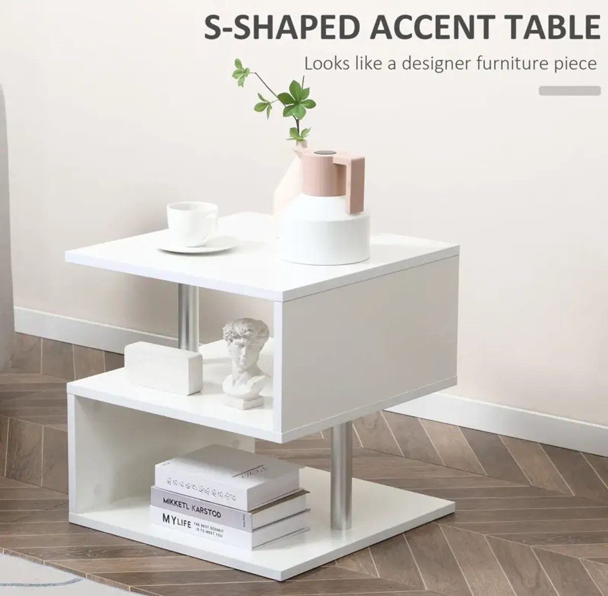 Modern Versatile Surface: White S-Shaped Lift Top Coffee Table, 3-Tier