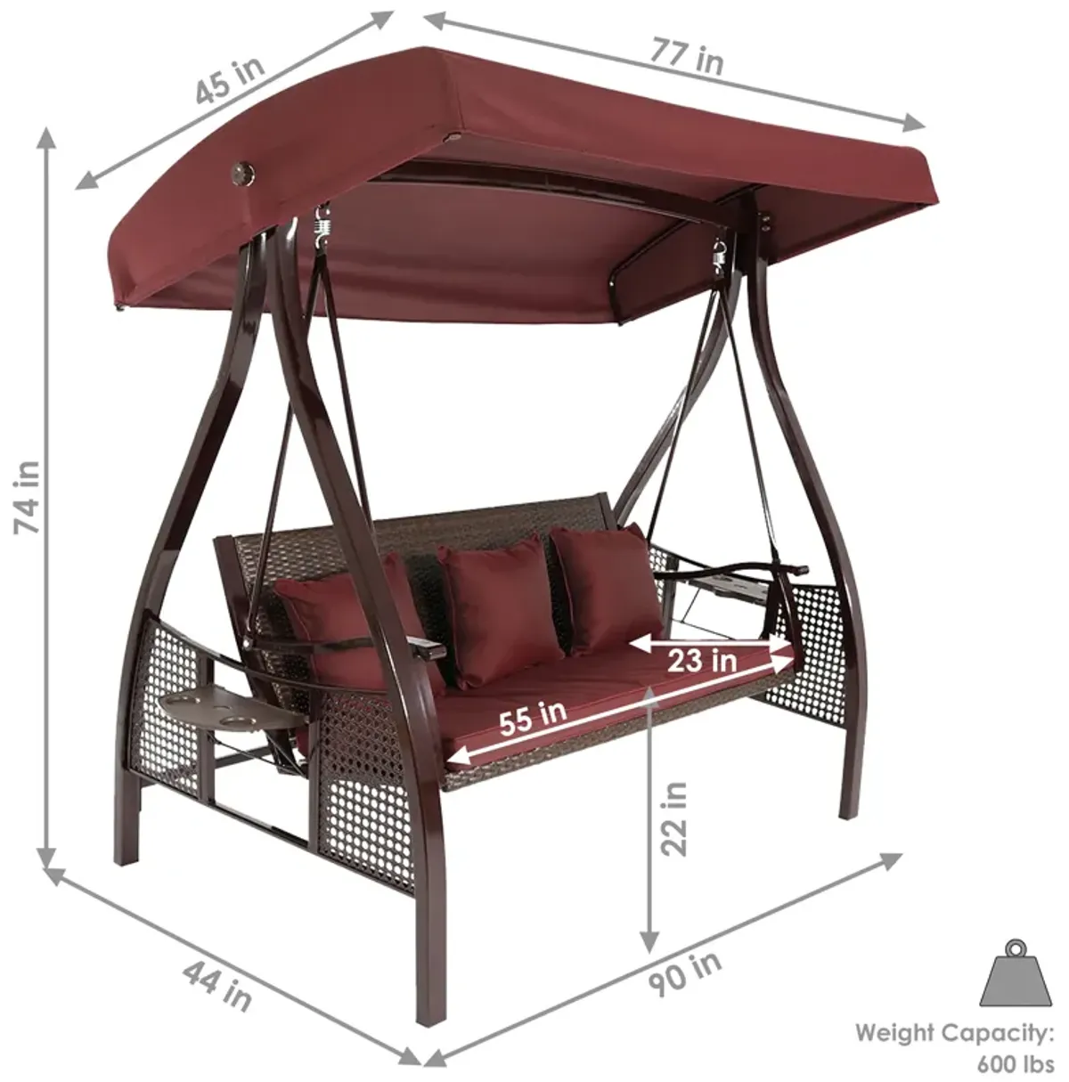 Sunnydaze 3-Person Steel Patio Swing Bench with Side Tables/Canopy