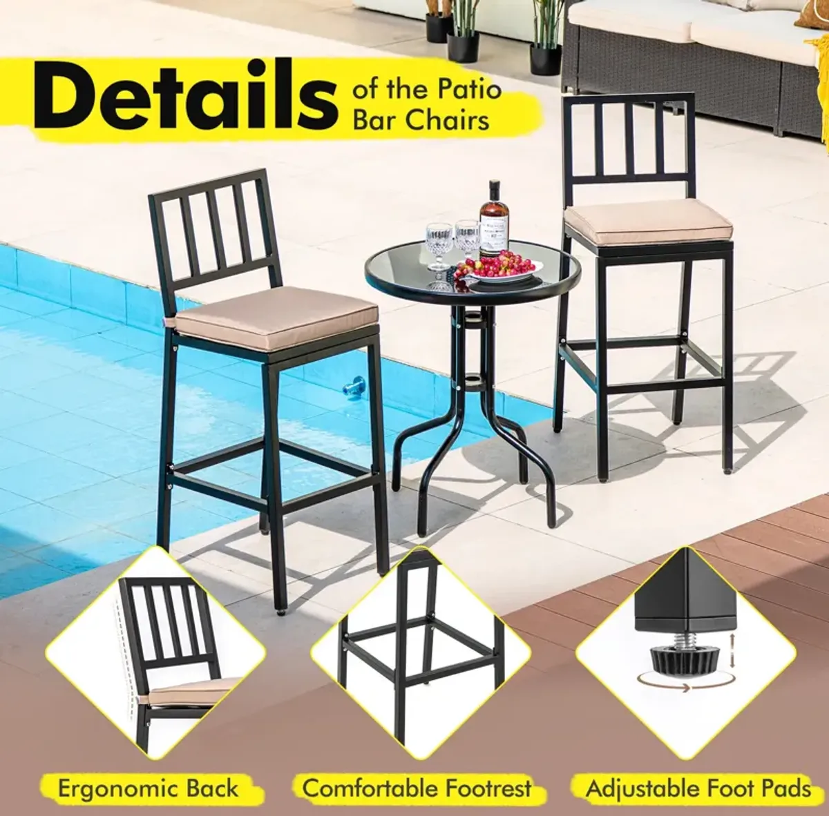 Set of 2 Patio Bar Chairs with Detachable Cushion and Footrest