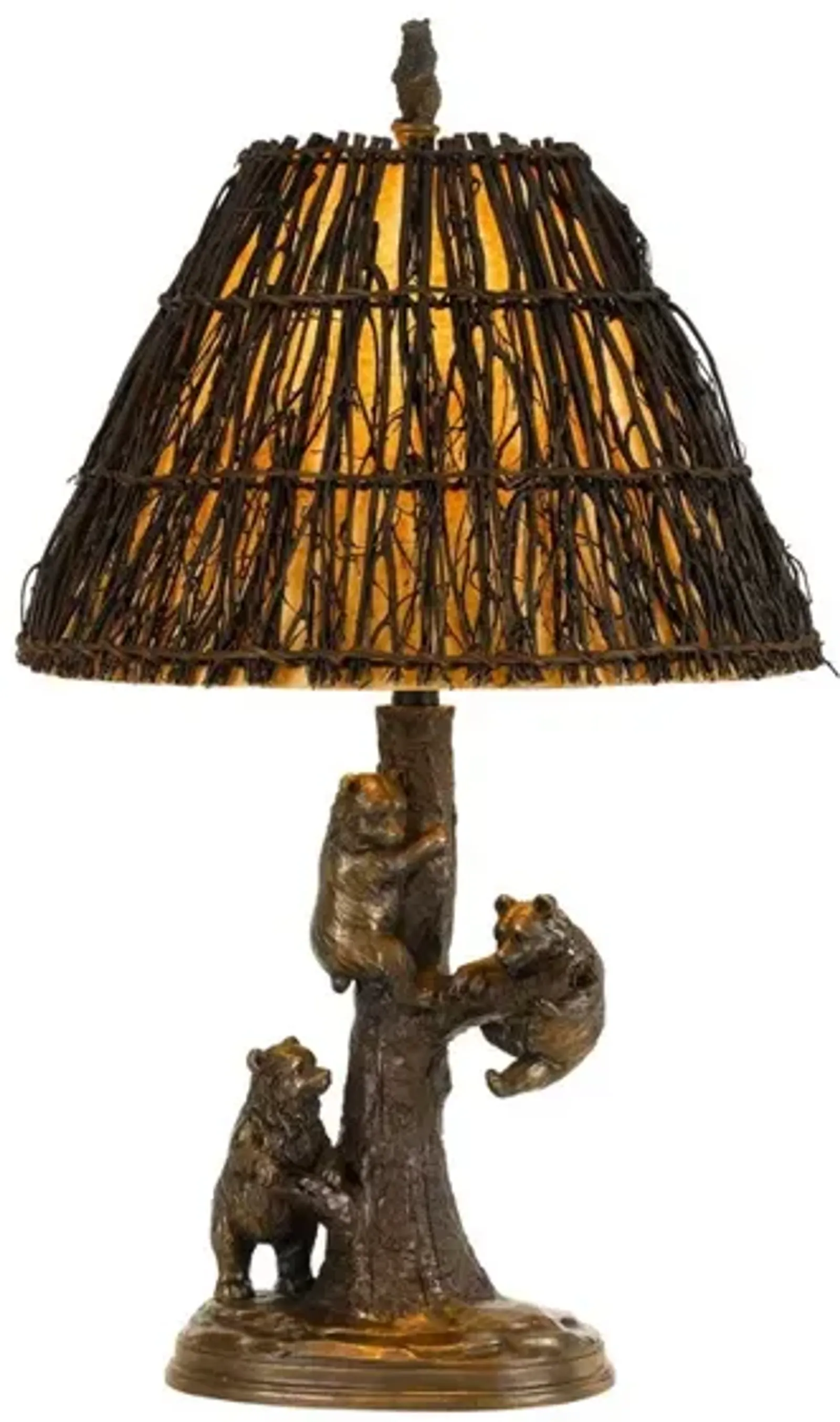 150 Watt Resin Body Table Lamp with Bear Design and Twig Shade, Bronze - Benzara
