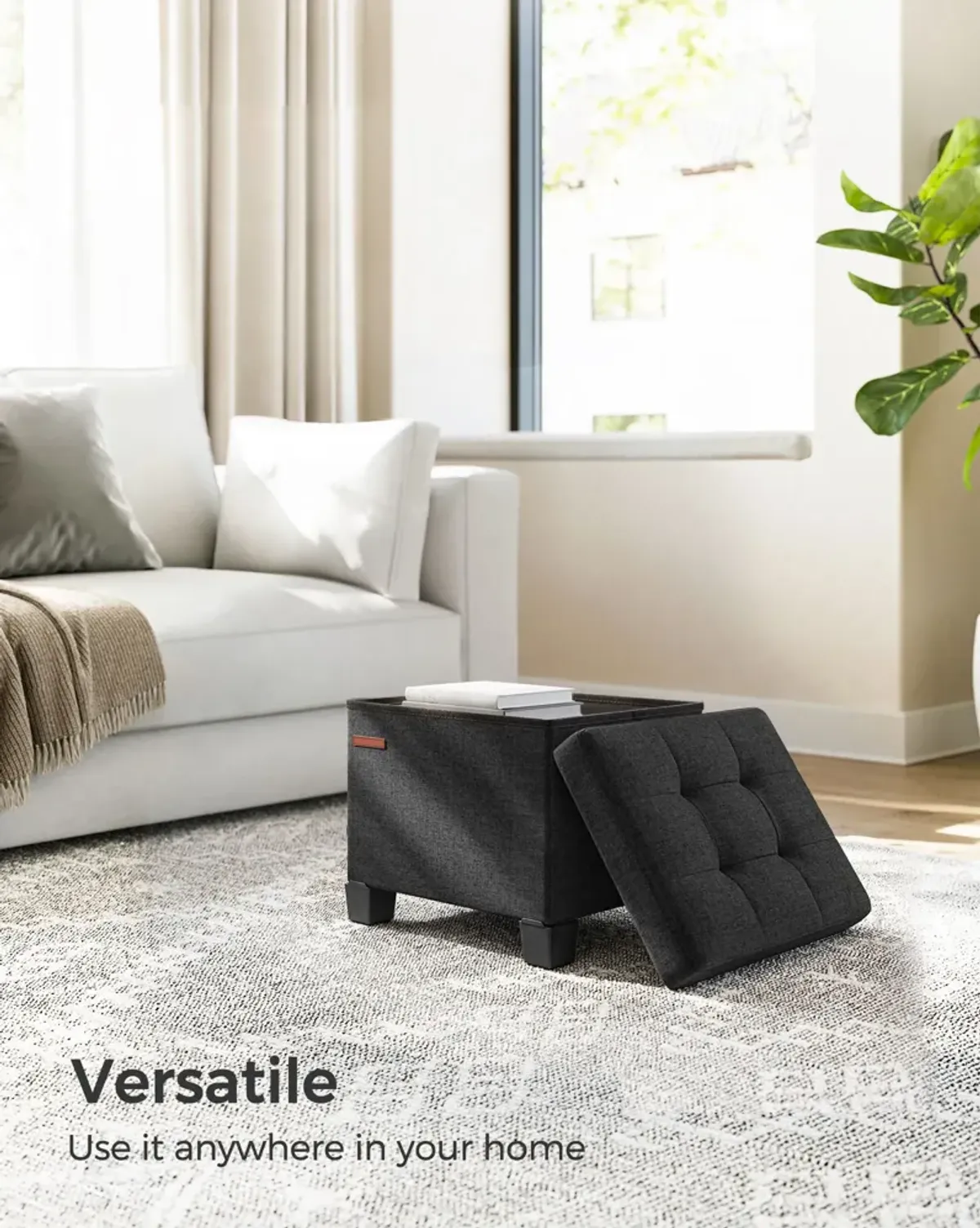 Collapsible Cube Storage Ottoman Foot Stool Comfortable Seat with Wooden Feet and Lid, Soft Padding