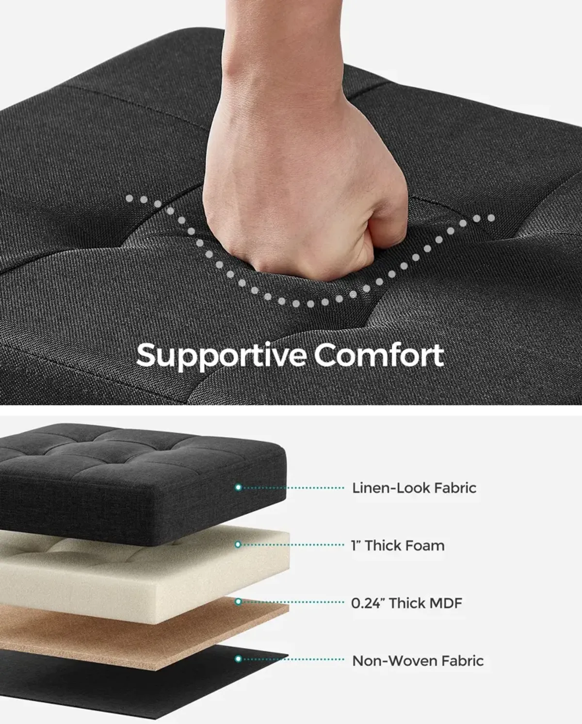 Collapsible Cube Storage Ottoman Foot Stool Comfortable Seat with Wooden Feet and Lid, Soft Padding